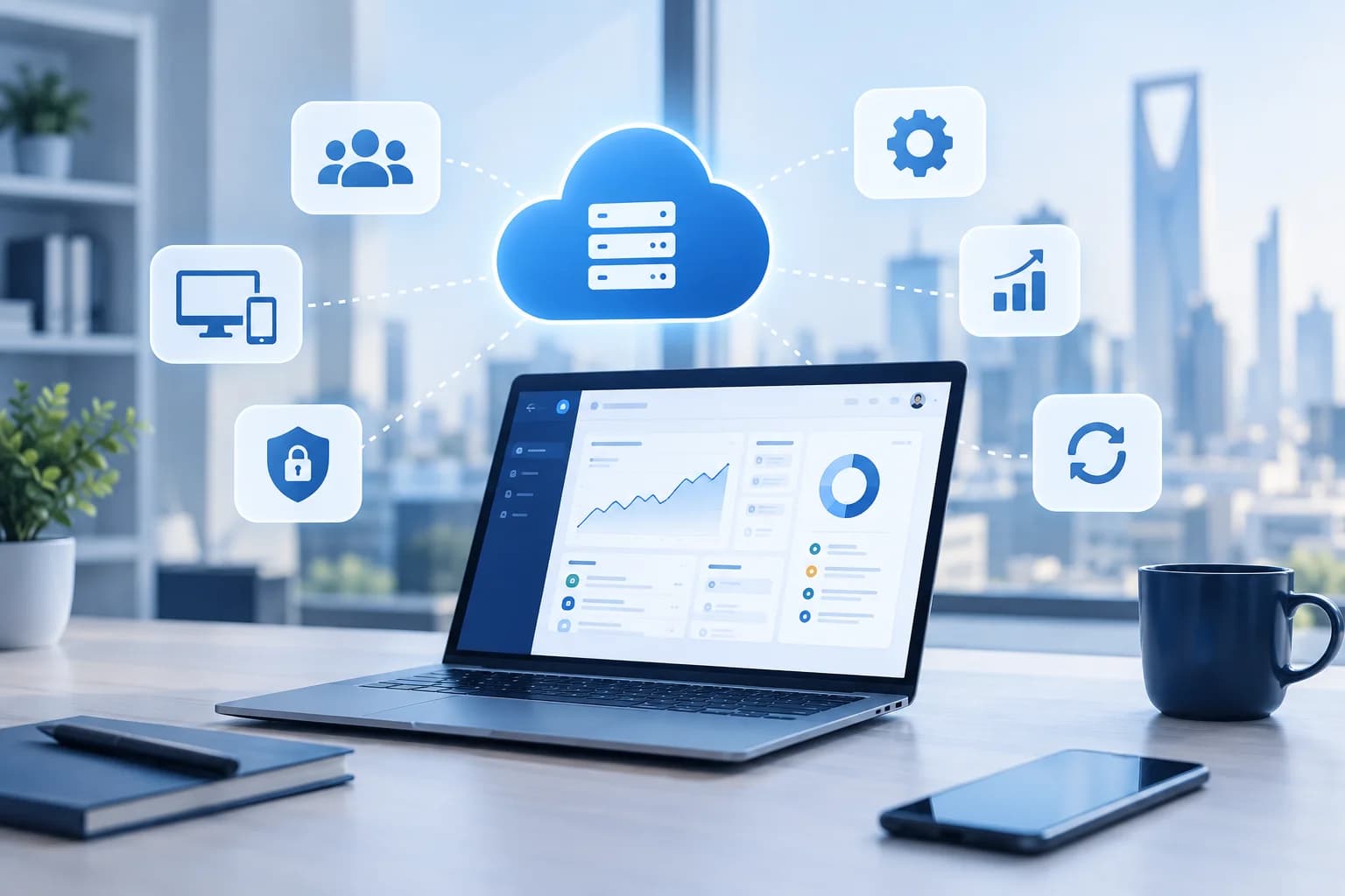 Integrated SaaS platform for online software management featuring a dashboard, cloud computing, security, and analytics icons.