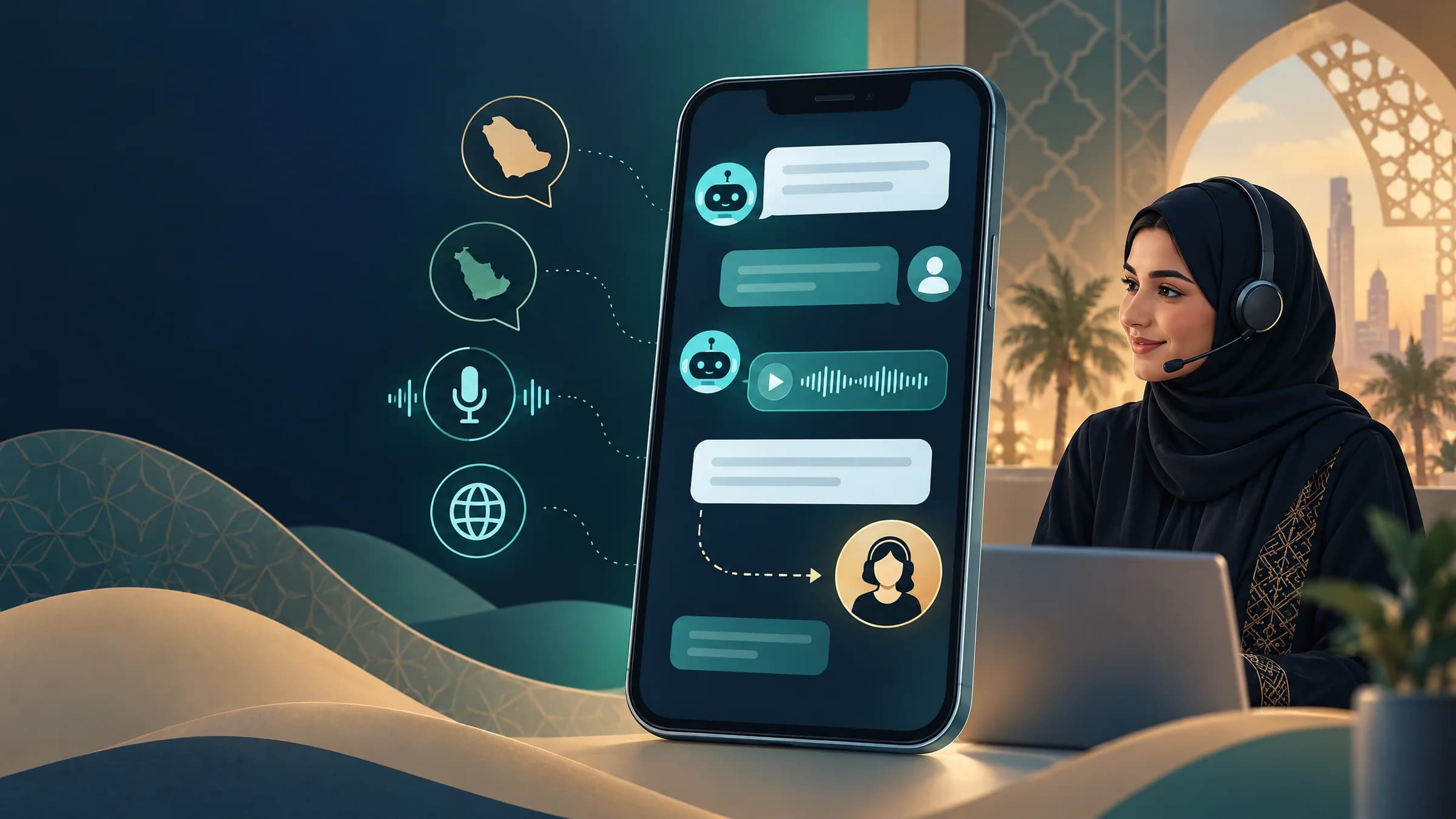 هاتف ذكي يعرض محادثة مع شات بوت لخدمة العملاء بجانب موظفة دعم، مع رموز تشير إلى فهم اللهجات والرسائل الصوتية والتحويل إلى موظف.
