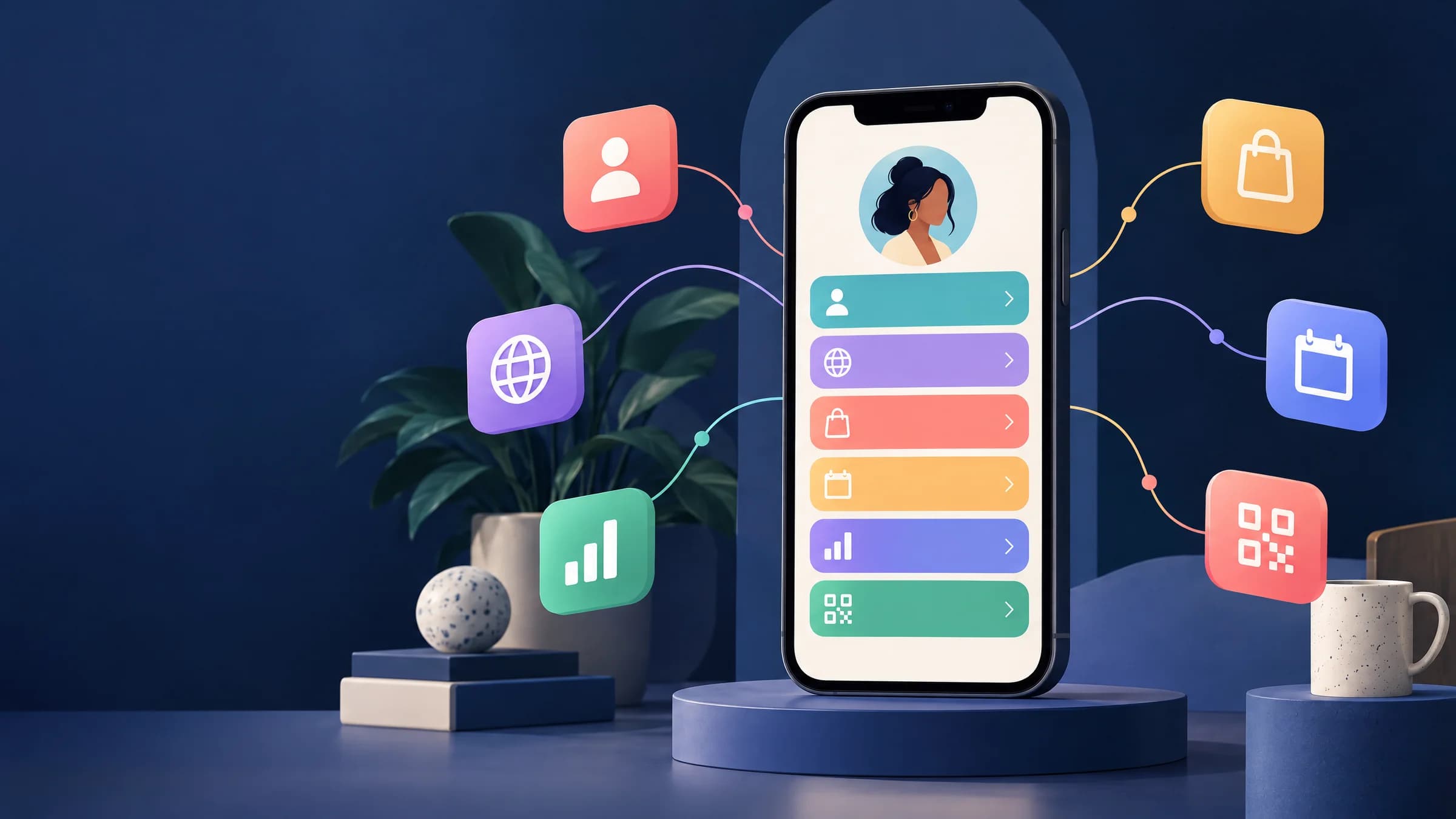 هاتف ذكي يعرض صفحة روابط متعددة للحسابات والمنتجات والحجز والتحليلات ورمز QR، مع أيقونات متصلة حوله.