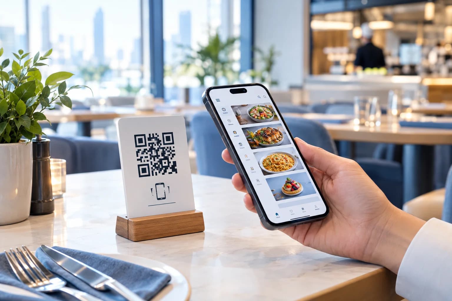 منيو رقمي للمطاعم والكافيهات عبر الهاتف باستخدام رمز QR لتصفح الأطباق وطلب الطعام بسهولة داخل المطعم.