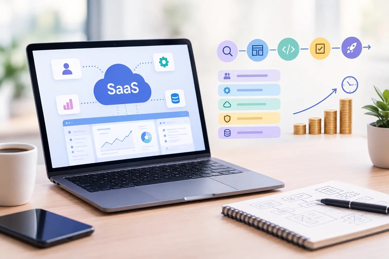 Laptop displaying a SaaS platform with illustrative charts representing software development stages and digital platform development costs