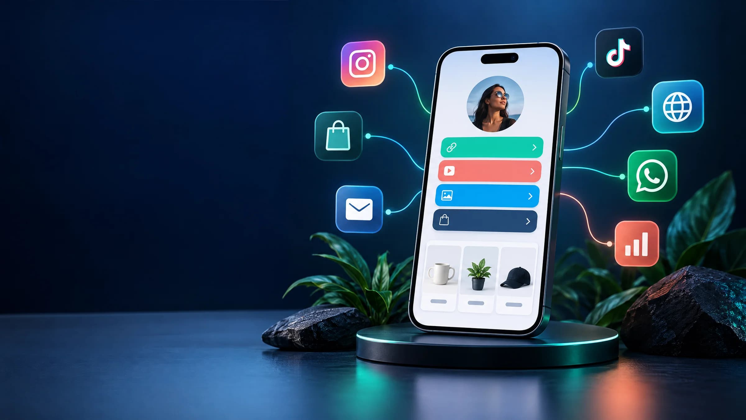 هاتف ذكي يعرض صفحة روابط تجمع حسابات التواصل الاجتماعي والمنتجات ووسائل التواصل في مكان واحد