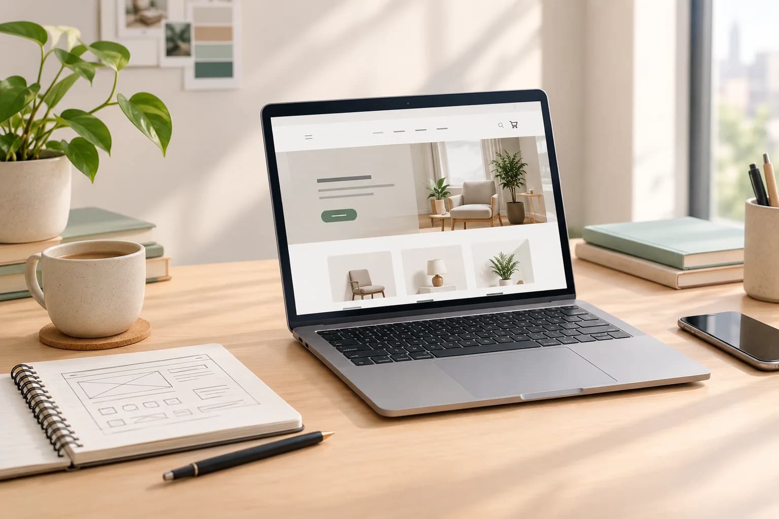 Website design displayed on a laptop with a user interface sketch on a desk